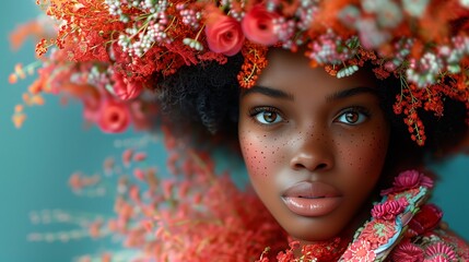Stunning Portrait of a Young Woman With Floral Headpiece and Vibrant Colors in a Studio Setting