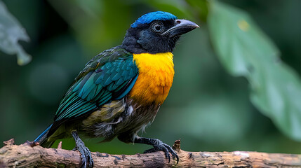 Fototapeta premium Amazon Blue-crowned Trogon perched on a branch, its vibrant colors standing out against the green