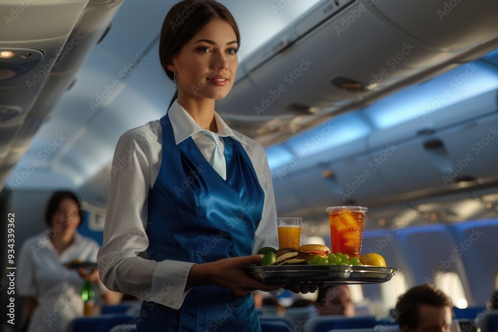 Poster a flight attendant is warmly serving drinks and snacks to passengers seated in an airplane cabin. ge