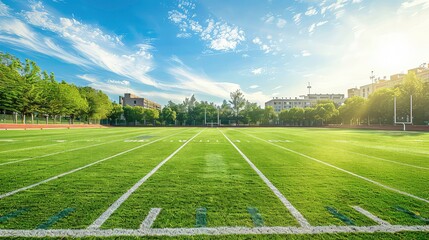 Obraz premium A view of a football field with white lines and green grass, framed by lush trees and buildings in the distance, under a clear blue sky with fluffy clouds.