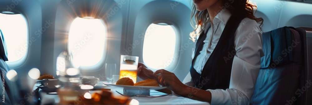 Poster the flight attendant is serving a meal and drink to passengers in a modern aircraft setting during t