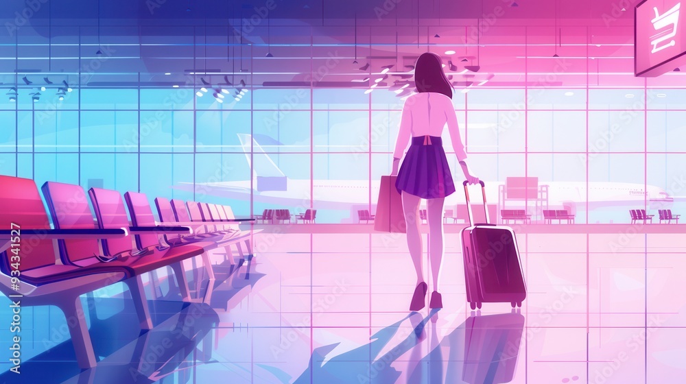 Poster a flight attendant strolls through a brightly lit airport terminal, pulling a suitcase as she heads 