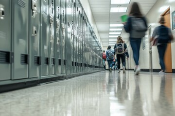 A bustling school hallway features rows of lockers while students walk by, some chatting and others focused on their path as they move to their next classes