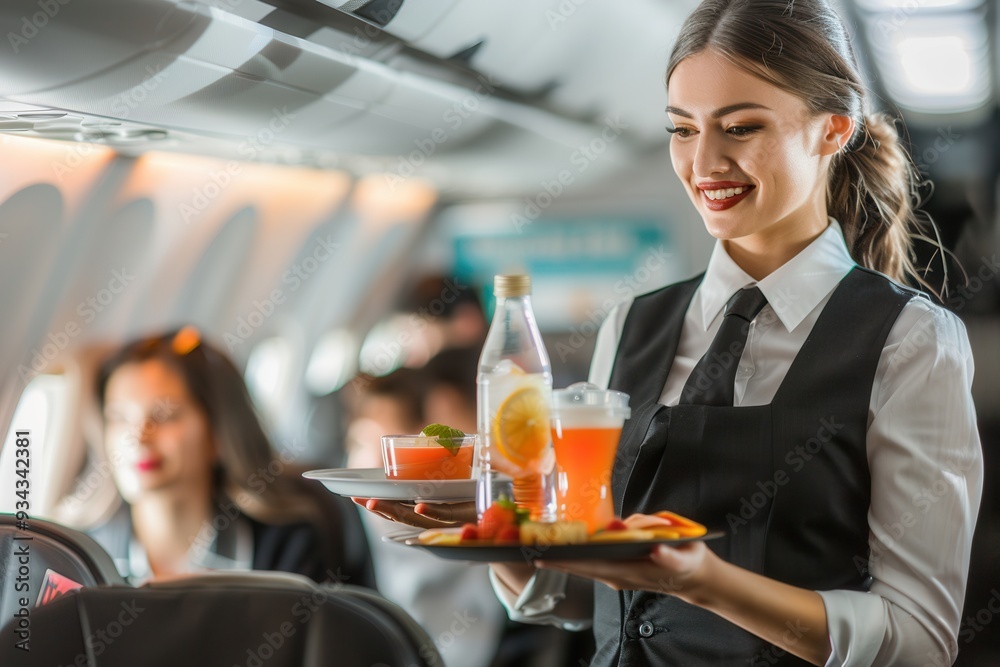 Poster a flight attendant in formal attire serves drinks and snacks to passengers seated inside an airplane
