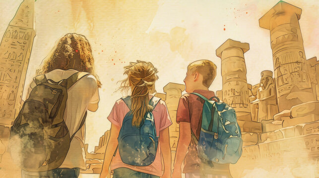 Children admire the grandeur of Luxor's ancient ruins, surrounded by towering columns and rich history on a sunny day