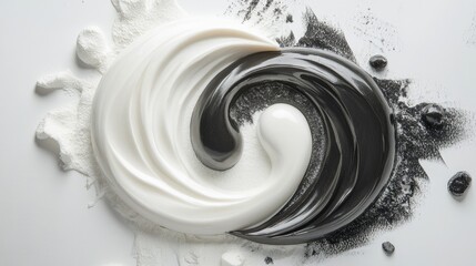 Swirling mixture of white and black materials creating an abstract yin-yang design on a smooth surface under soft lighting