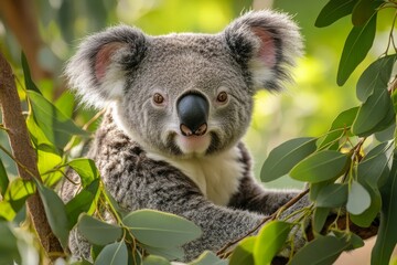 A cute koala sits among lush green leaves. Its big ears and fluffy fur create a charming appearance. Perfect for nature lovers and wildlife enthusiasts. Generative AI