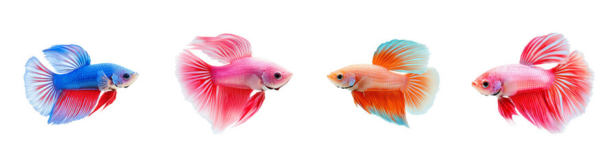 Fototapeta premium Collection of four vibrant Betta fish with colorful fins isolated on a transparent background, ideal for aquatic-themed projects