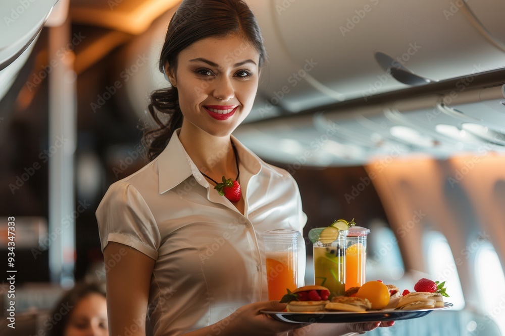 Poster the flight attendant is cheerfully serving colorful drinks and snacks to passengers seated in the ca