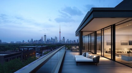 Fototapeta premium A modern rooftop with sleek glass railings and a minimalistic design, overlooking a bustling urban environment