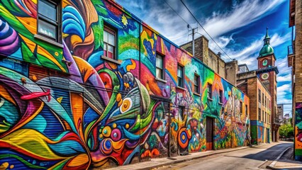 Vibrant graffiti mural on a weathered city wall, featuring abstract shapes and bold colors, adds a...