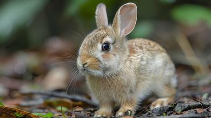 Fototapeta premium Amazon Brazilian Rabbit foraging on the forest floor, its small body and quick movements captured