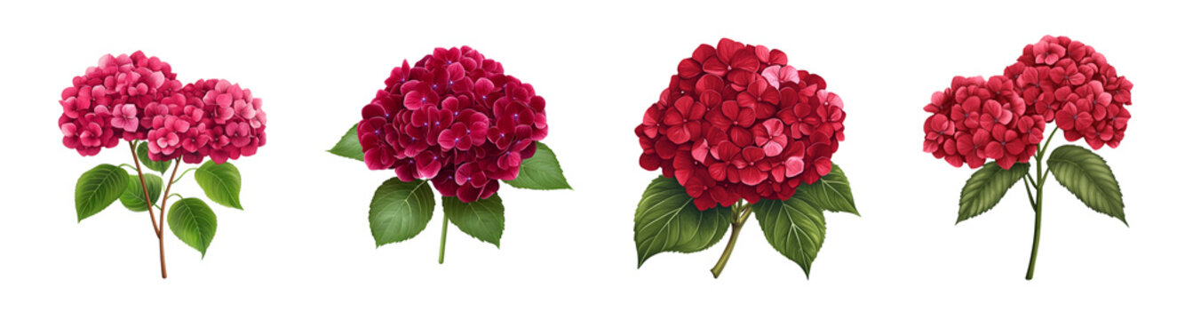 A set of isolated, vibrant red hydrangea flowers on a transparent background, perfect for Valentine's Day floral decoration