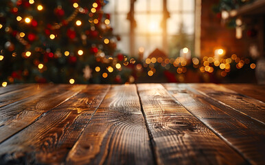A wooden table with a Christmas tree in the background. The tree is lit up with lights and the table is empty