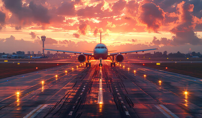 A plane is on the runway at an airport. The sky is orange and the plane is surrounded by lights