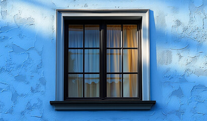 Obraz premium A window with a curtain is shown in a blue building. The sunlight is shining through the window, creating a warm and inviting atmosphere