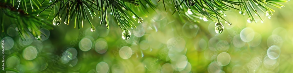 Canvas Prints water droplets falling on pine needles with a soft-focus green background. shallow depth of field.