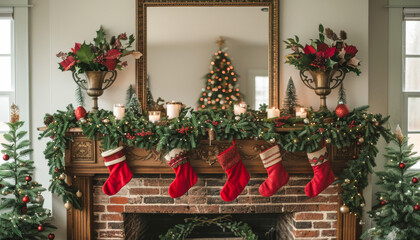 A fireplace mantle is decorated with red stockings and a Christmas tree. The mantel is adorned with candles and a vase of flowers. The scene conveys a warm and festive atmosphere