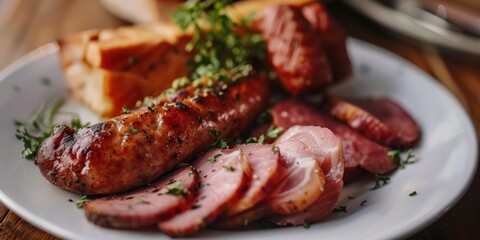 Sausage and ham on a white plate