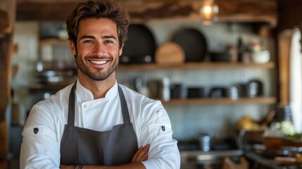 Fototapeta premium Chef smiling in a rustic kitchen, showcasing culinary expertise and passion