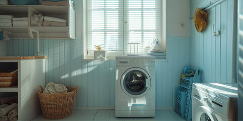 Laundry room with window on a white wall, on the other wall a light blue slatted panel, in front of the panel a washing machine, laundry baskets, shelf with laundry products