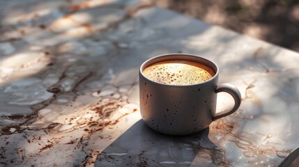 gray cup with brown liquid inside on top of table