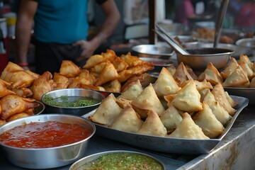 A Busy Street Market Stall With Freshly Prepared Samosas Being Fried In Hot Oil, With A Variety Of Chutneys And Sauces Displayed, Food Photography, Food Menu Style Photo Image