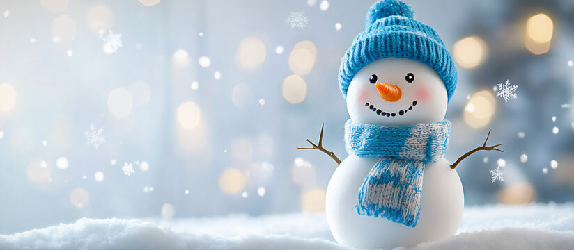  boneco de neve feliz usando um chap&eacute;u e cachecol azuis, em p&eacute; sobre um fundo branco de inverno com espa&ccedil;o para texto, luzes