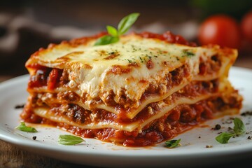 A Close-up Of A Gooey, Cheese-filled Lasagna Slice, Layered With Rich Tomato Sauce And Melted Mozzarella, On A White Ceramic Plate, Food Photography, Food Menu Style Photo Image