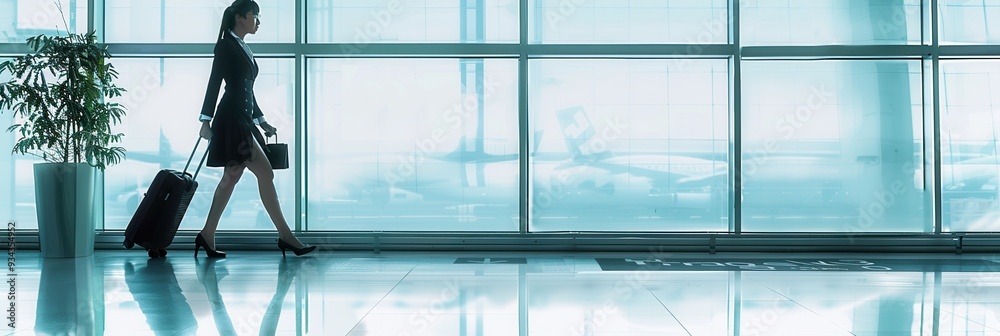 Poster a flight attendant strolls through the airport, pulling a suitcase, as sunlight illuminates the term