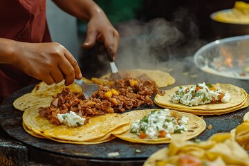 A Close-up Of A Street Vendor Making Fresh Tacos, With Sizzling Meat On The Griddle, Tortillas Being Warmed, And Toppings Ready To Be Added, Food Photography, Food Menu Style Photo Image