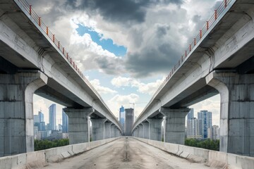 Obraz premium A striking modern bridge captures the essence of urban architecture. The concrete structure leads the eye toward the skyline. Bold lines create a sense of perspective. Generative AI