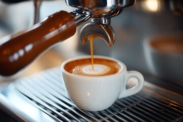 A Close-up Of An Espresso Shot Being Poured From A Professional Coffee Machine, With A Rich, Creamy Crema Forming On Top, Drinks Photography, Drinks Menu Style Photo Image