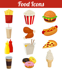 Food icons set. Fast food icons. Modern flat design. Vector illustration