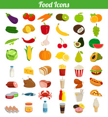 Food icons set. Fruits and Vegetables icons. Fast food icons. Modern flat design. Vector illustration