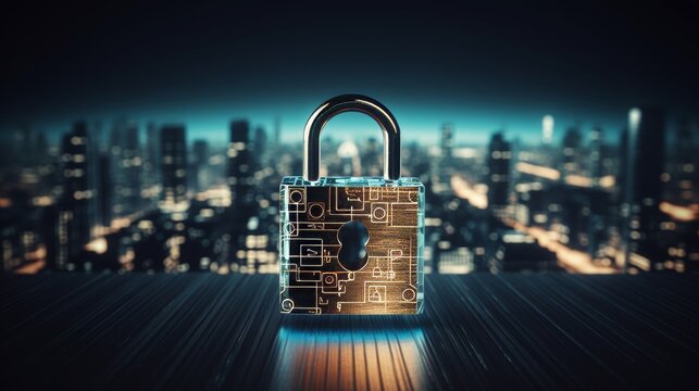 New york city skyscrapers  cybersecurity hud hologram and lock circuit ensuring privacy