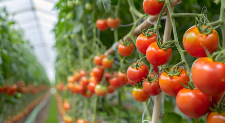 Ripe tomatoes ready to harvest in the organic greenhouse. Tomatoes growing on bushes. The concept of growing vegetables.