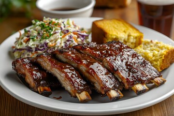 A Plate Of Barbecue Ribs Glazed With A Sticky, Smoky Sauce, Served With A Side Of Coleslaw And A Piece Of Cornbread, With A Cold Drink On The Side, Food Photography, Food Menu Style Photo Image