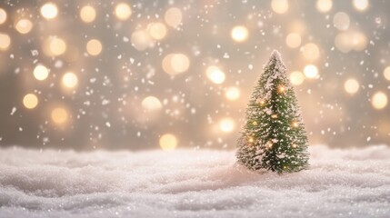 Obraz premium A small christmas tree is in the snow with lights, AI