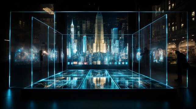 New york city skyscrapers enhanced by cybersecurity hud hologram and lock circuit, ensuring privacy