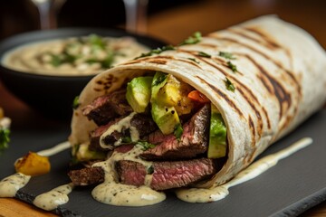 Delicious grilled steak wrap filled with fresh vegetables and creamy sauce. This mouth-watering dish is perfect for a tasty lunch or dinner. Generative AI