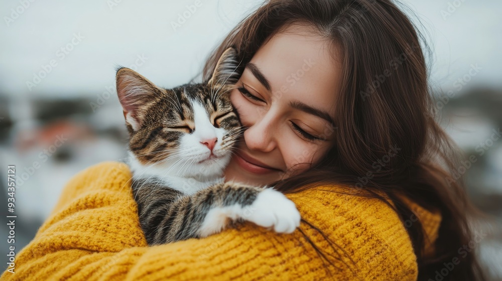 Wall mural young woman in a yellow sweater joyfully cuddles her striped cat outdoors on a cloudy day