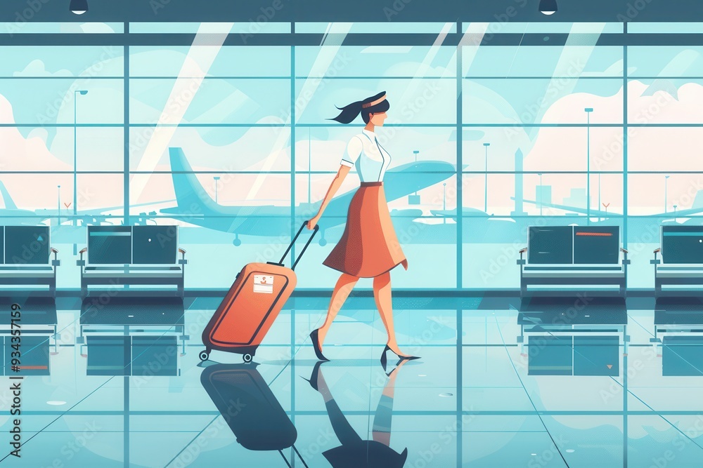 Aufkleber A flight attendant in a stylish outfit strolls through the airport terminal, pulling her suitcase behind her as planes are visible in the background. Generative AI