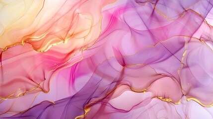 Fototapeta premium Natural luxury abstract fluid art painting in alcohol ink technique. Tender and dreamy wallpaper. Mixture of colors creating transparent waves and golden swirls. For posters, other printed , ai