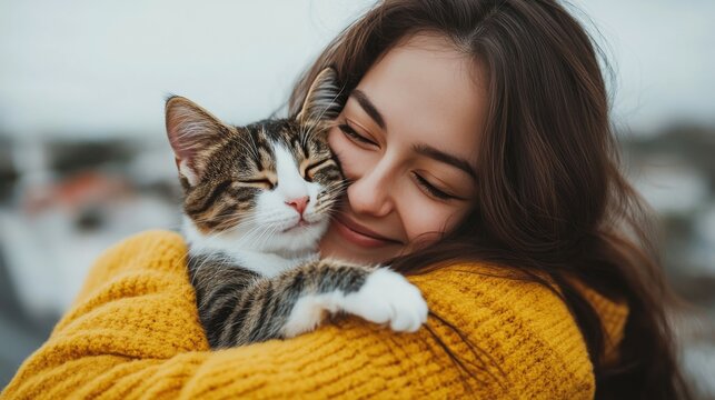 Young woman in a yellow sweater joyfully cuddles her striped cat outdoors on a cloudy day