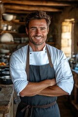 Fototapeta premium Smiling chef in an rustic kitchen preparing for a culinary experience