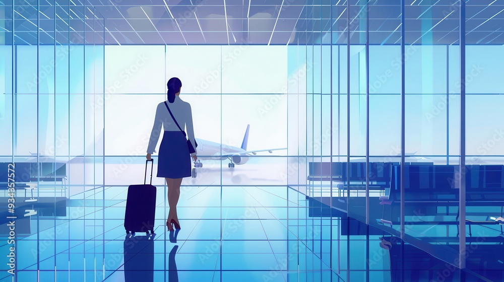 Aufkleber A flight attendant with a suitcase walks through a bright terminal, heading towards her plane in the background on a clear day. Generative AI