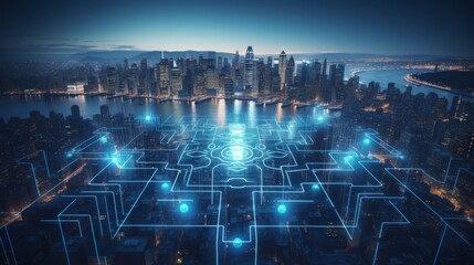 Cybersecurity hud hologram over new york buildings enhancing privacy with lock circuit visualization