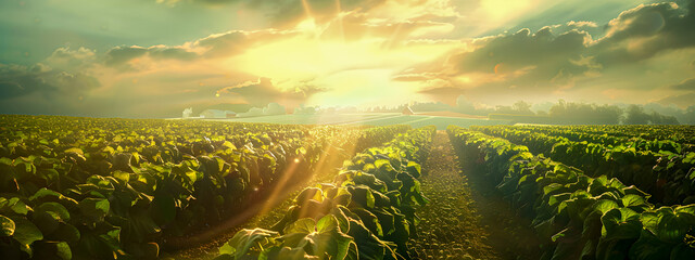 Obraz premium A green field of potato crops in rows. The concept of potato cultivation.