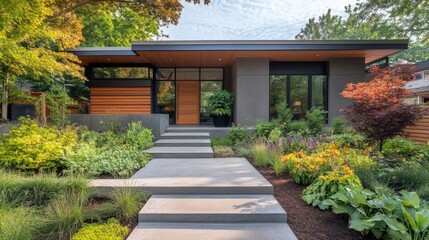 Fototapeta premium Modern residential home with landscaped garden in a suburban neighborhood during daylight